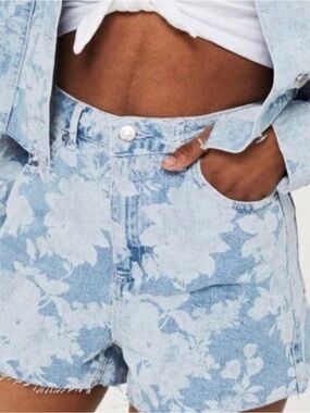 Topshop Light Blue Floral High-Rise Denim Shorts